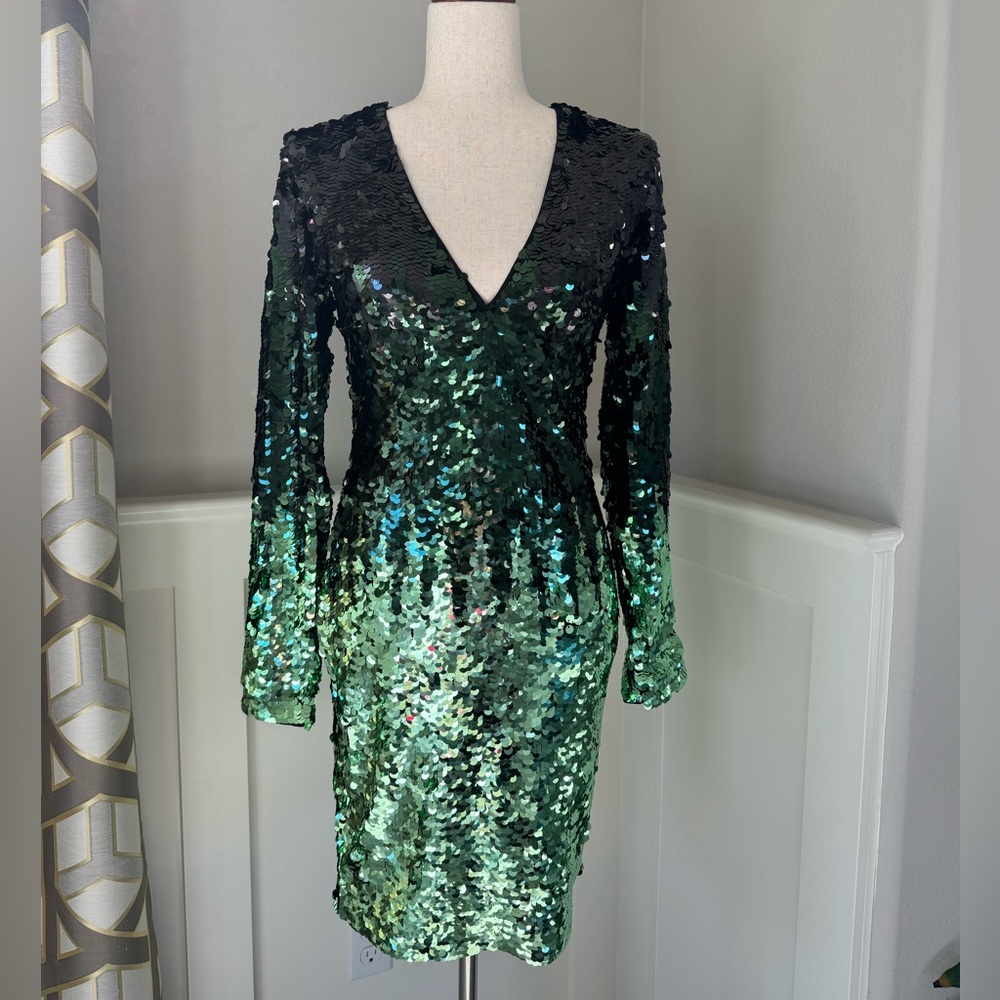 H&M Gold Label Long Sleeve Ombre Sequin Dress Green Black Size 4